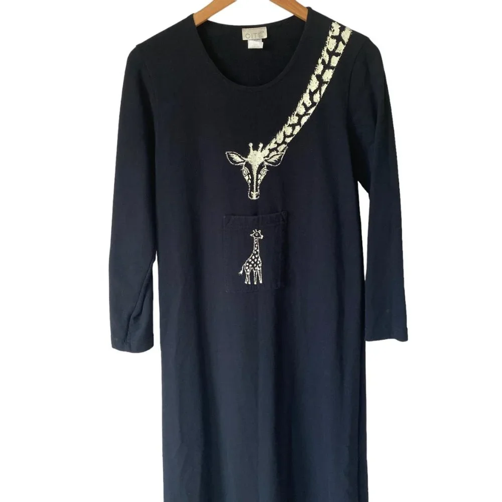 Vintage Cité Black Art To Wear Giraffe Graphic Print Long Sleeve Maxi Dress USA - Picture 14 of 15